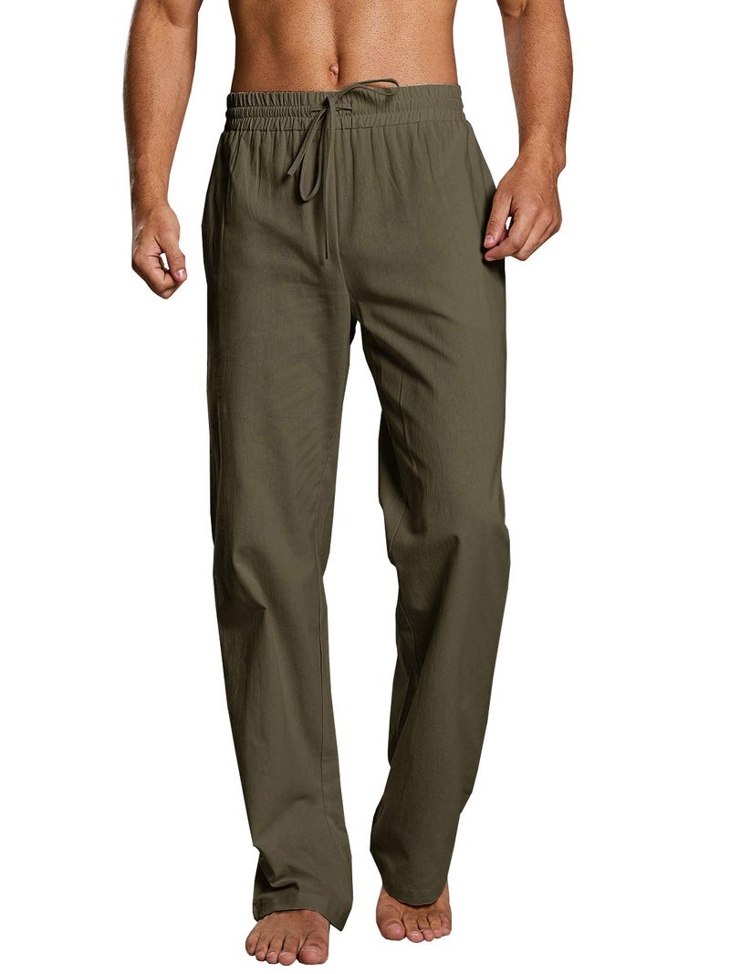 PASLTER Mens Casual Linen Pants Loose Fit Straight-Legs Elastic Drawstring Waist Summer Beach Yoga Long Pants - Image 1